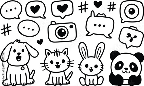 Four animals with speech bubbles and social media in black and white