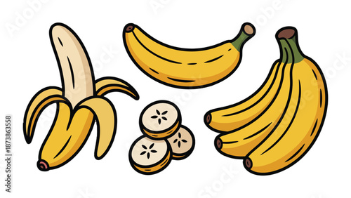 Bananas: A delicious array of bananas are presented, featuring peeled, sliced, and a bunch of banana