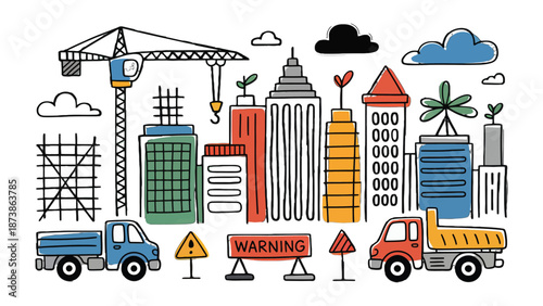 Cityscape Construction: A vibrant hand-drawn illustration depicts a bustling cityscape under construction, featuring towering buildings, construction trucks, and safety warnings.