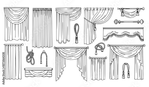 Minimal Hand Drawn Curtain and Drapery Elements Black and White Line Art Vector Collection