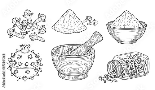 Minimal Hand Drawn Clove Spice Line Art Illustration Set with Pomander Mortar and Jar