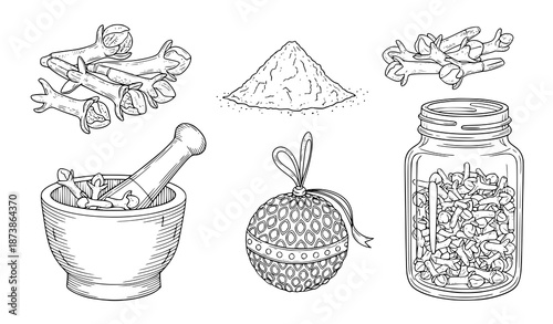 Hand Drawn Black and White Clove Spice Vector Set with Whole Ground Cloves Jar and Mortar