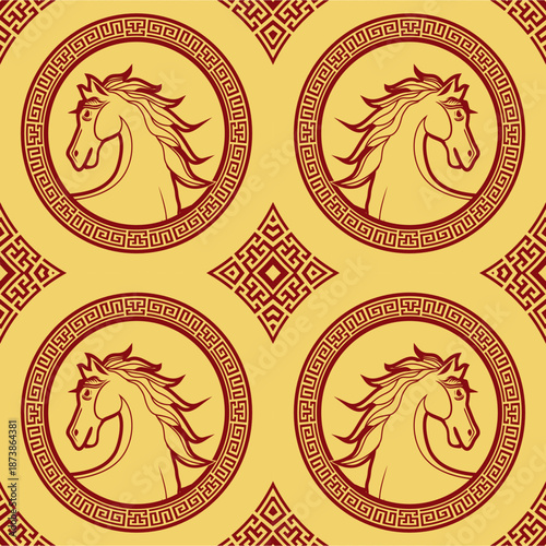seamless pattern Chinese New Year horse emblem design with red and gold traditional Asian ornament background