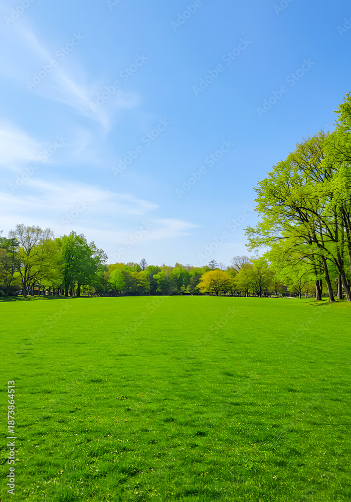 Obraz premium Blurred Spring Nature Background with Green Lawn, Trees, and Blue Sky on Sunny Day