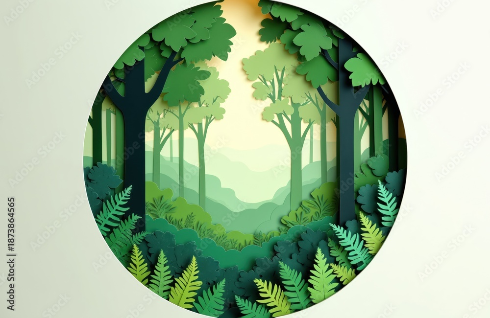 Fototapeta premium Paper cut illustration serene forest scene. Layered paper trees bushes foliage. Eco friendly design evokes nature in calm setting. Artistic landscape with vibrant green colors in circular frame.