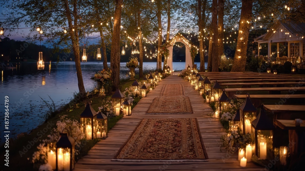 Obraz premium Romantic evening wedding aisle by a lake, lit with string lights and lanterns. Ideal for themes of love, celebration, luxury events, and fairytale decor.
