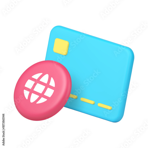Credit card and globe icon for payment systems and financial applications. Represents transaction, banking, currency, worldwide, and online purchase. Modern 3d icon realistic vector illustration.