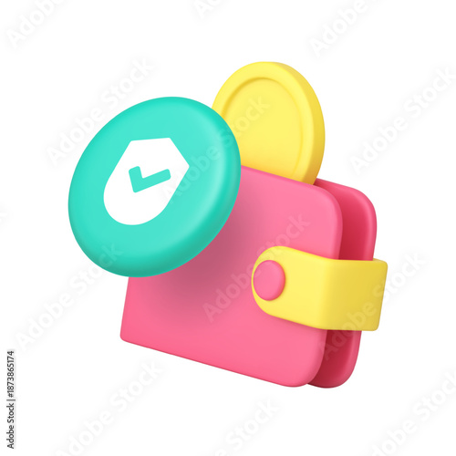 Wallet and security shield icon for financial applications and payment systems. Represents money, savings, safety, verification, and secure transactions. Modern 3d icon realistic vector illustration.