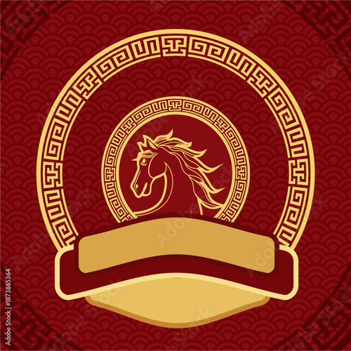 Chinese New Year Horse Emblem Red Gold Background