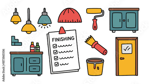 Renovation Elements: An array of essential tools and fixtures, meticulously arranged, signifying the process of enhancement and renewal.