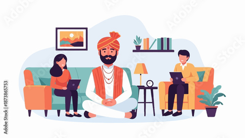 A man in a turban sits cross-legged between two people using tablets in a living room