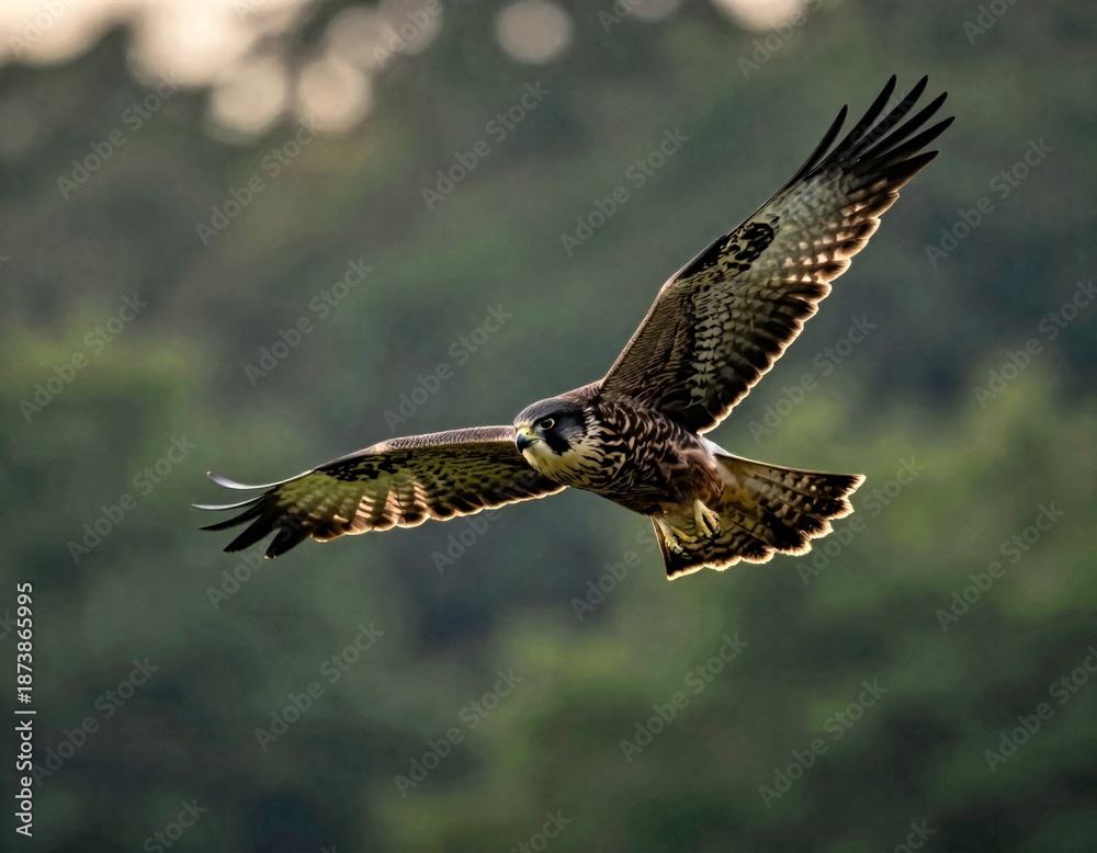 Fototapeta premium Bird Soaring Over Sunlit Lush Green Forest Hillside