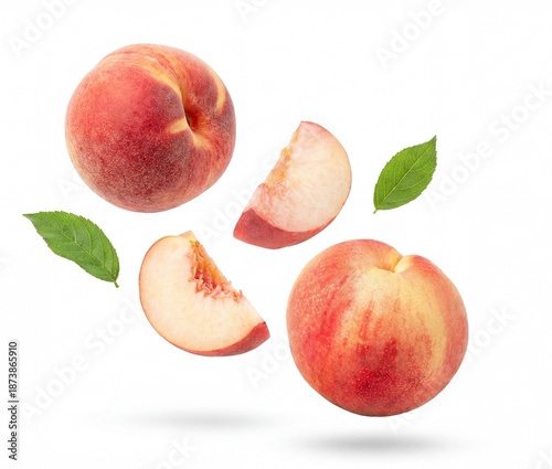 Canvas-taulu Luscious whole and sliced peaches with delicate green leaves, artfully floating in mid-air against a pristine white backdrop