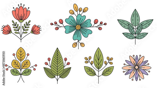 Collection of stylized floral and botanical elements featuring simple shapes and muted colors ideal for rustic or folk art design projects