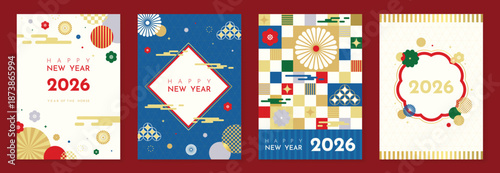 Happy New Year 2026 Japanese greeting card vector set with red blue gold geometric patterns, traditional flowers and lucky motifs. Festive design for invitations, postcards, posters, and banners.