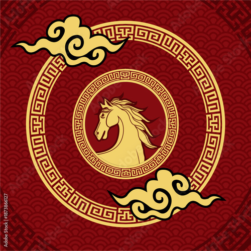 Chinese New Year horse emblem design with red and gold traditional Asian ornament background, suitable for lunar festival branding, packaging, labels, and promotional templates.