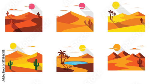 Collection of six distinct flat design desert landscape illustrations showing sand dunes various cacti palm trees and bright circular suns creating vibrant scenes