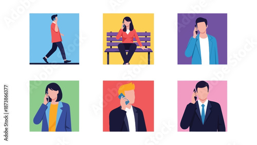 Collection of six distinct cartoon style illustrations showing diverse individuals using mobile phones for communication in various everyday settings and situations