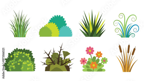Collection of eight colorful vector graphic icons representing various stylized types of ornamental grass shrubs and small flowering plants for landscape design
