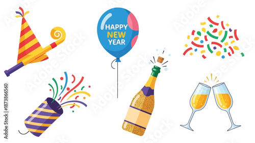 Festive collection of new year celebration elements including a happy new year balloon champagne bottle popping confetti and party noisemakers
