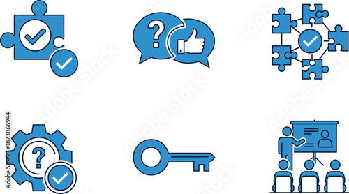 Business problem solving icon set featuring puzzle piece completion blue flat line symbols for key solutions strategic teamwork training and customer feedback success