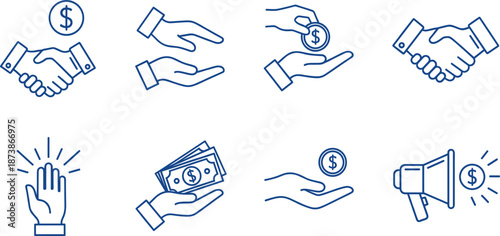 Business and financial icon set featuring handshake agreement money transactions charity donations megaphone marketing and investment growth blue line art symbols