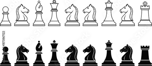 Complete chess pieces icon set featuring king queen rook bishop knight and pawn symbols in black and white styles for strategy games and business competition