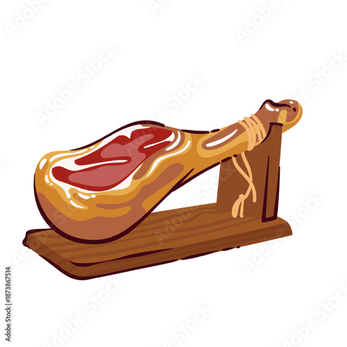 Spanish jamon leg on wooden stand with meat texture and fat layers. Traditional cured ham symbol, Spain food culture, travel cuisine icon. Simple cartoon doodle style, vector illustration.