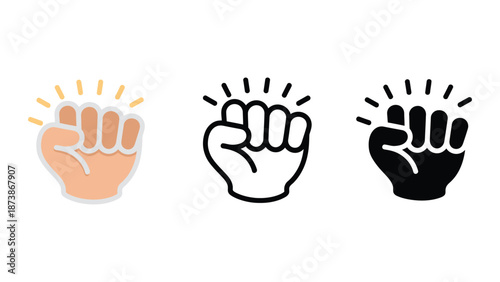 Three fists with different colors and styles on a white background