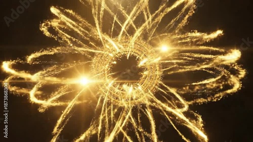 Golden glitter particles form concentric circles, creating a mesmerizing and luxurious abstract background.