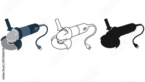 An illustration of three different colored angle grinders on a white background
