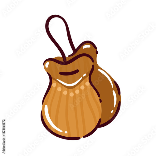Traditional Spanish castanets with string loop, classic percussion instrument associated with flamenco dance and folk music, stylized simple cartoon doodle form of castanets. Vector illustration.