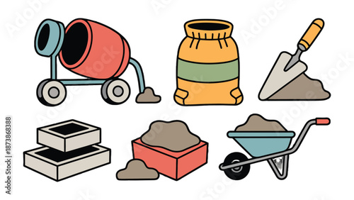 Construction Toolkit: A collection of essential tools for construction, including a concrete mixer, cement bag, trowel, bricks, sand, and wheelbarrow, ready for building and creating.
