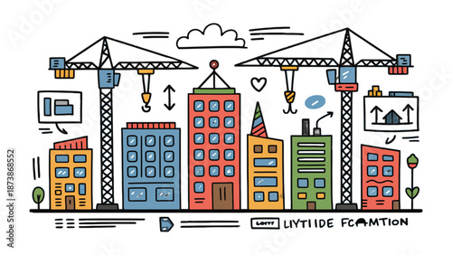Construction Symphony: A playful illustration of a cityscape under construction, featuring towering cranes, diverse building facades.