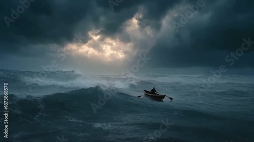 A man rowing a tiny boat on choppy waves against a stormy, gloomy sky represents perseverance and fight in the face of hardship.