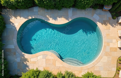 Top view of freeform swimming pool with stone patio and green bushes. Clear blue water reflects sunlight creating patterns. Luxury backyard design.