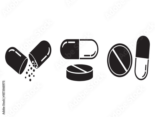 Black and white illustration of various pills and capsules