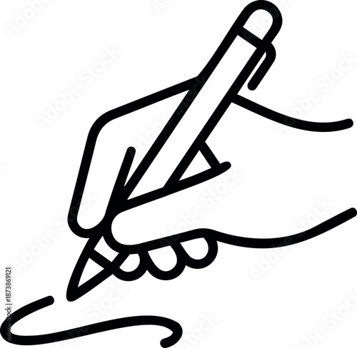 Hand Holding Pen Writing and Signing Minimalist Black and White Line Art Icon