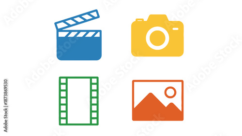 A collection of colorful film and photography icons on a white background