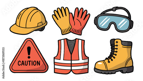 Essential Protective Gear: A collection of vital safety equipment including a hard hat, gloves, safety glasses, a caution sign, a reflective vest, and durable boots.
