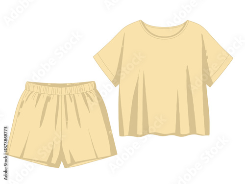 Flat lay of a pale yellow casual tshirt and elasticwaist shorts set