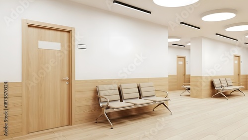 Modern Clinic Waiting Room Hallway with Wooden Doors and Seating