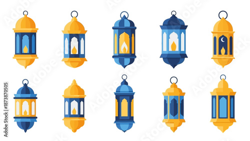 Symmetrical Set of Flat Design Ramadan Lanterns in Blue and Yellow Tones