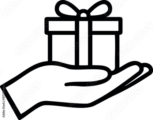 Minimalist line art icon of a hand holding a wrapped gift box
