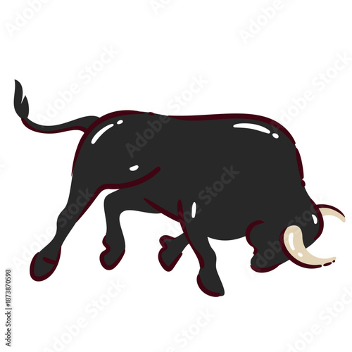 Charging black bull with lowered head and curved horns, dynamic animal figure in simple cartoon doodle style with bold outlines, creating a strong taurine symbol. Vector illustration.