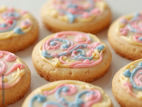 Colorful iced cookies arranged in rows