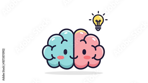 Creative brain character with blue and pink halves and a glowing lightbulb for innovation concepts