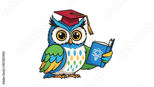 Intelligent owl scientist wearing a graduation cap and holding a science book with an atom icon