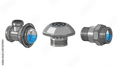 Three metal plumbing fixtures with blue interior details are displayed against a white background