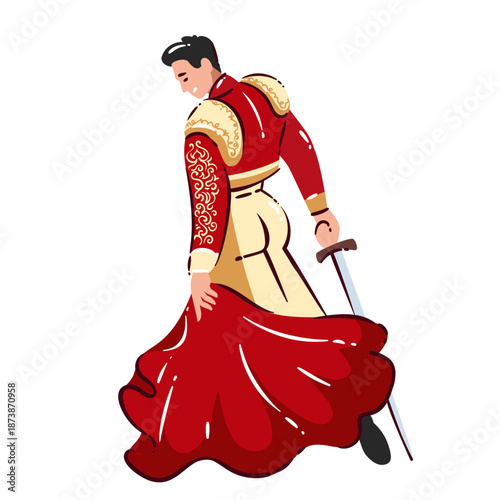 Spanish matador holding red cape and sword, traditional bullfighter costume with embroidered jacket and flowing fabric, simple cartoon doodle style. Bullfighting matador figure. Vector illustration.